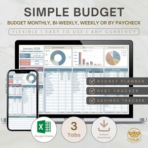 May include: A digital budget planner displayed on a laptop and smartphone. The screen shows charts and tables for financial tracking. The text reads "Simple Budget" and includes options for monthly, bi-weekly, or weekly budgeting. Features include a budget planner, debt tracker, and savings tracker.