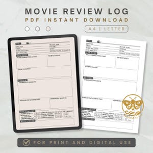 Könnte beinhalten: Ein digitales Filmkritik-Logbuch mit dem Text "MOVIE REVIEW LOG PDF INSTANT DOWNLOAD". Das Logbuch enthält Abschnitte für Regisseur, Genre, Handlung und Rezensionskommentare. Das Design ist in Schwarzweiß gehalten, mit einer minimalistischen Ästhetik.