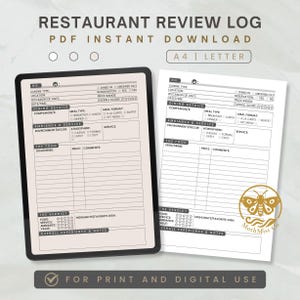 May include: A digital restaurant review log with a black tablet and a white paper version. The log includes sections for cuisine type, dining details, ambiance, service, and food. Text on the image reads "Restaurant Review Log" and "PDF Instant Download."