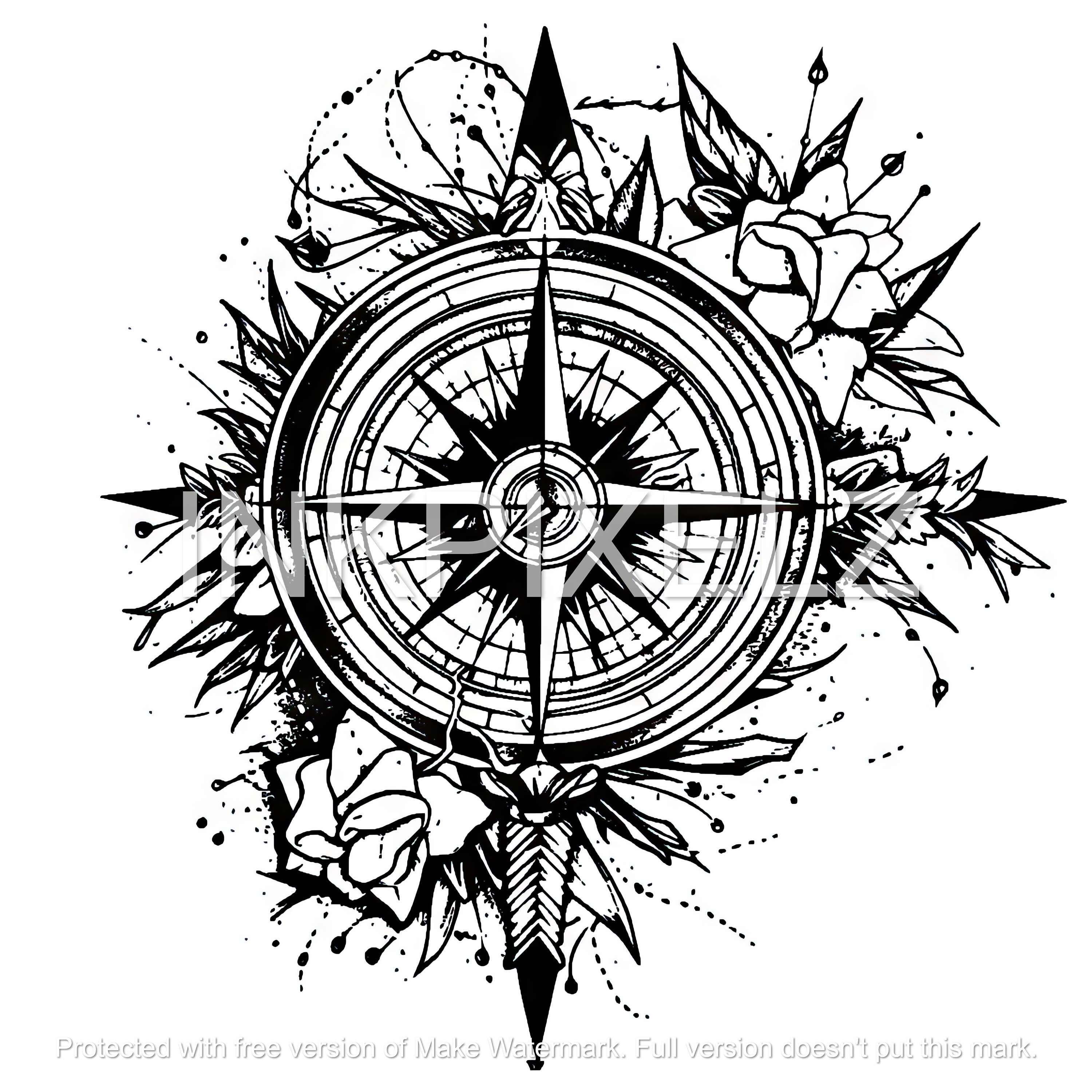 Black and Grey Compass and Roses Tattoo Design