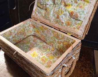 Vintage 1970s Dritz Wicker and Wood Sewing Basket with a Floral Fabric Interior, Items included