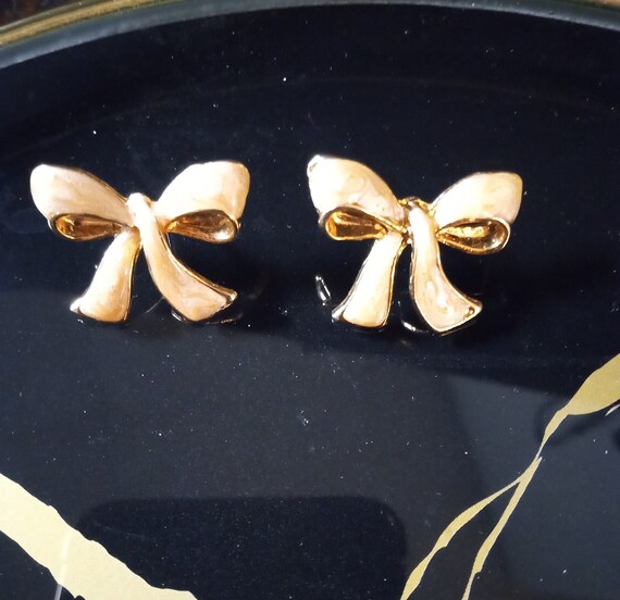 Gold Tone Bow Earrings with an Opalescent Enamel - image 1