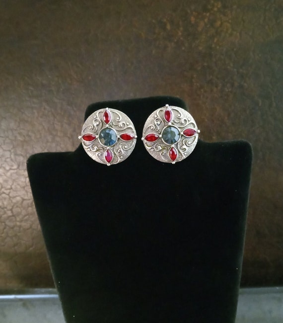 Vintage 1980s Round Pewter Earrings with Red and … - image 1