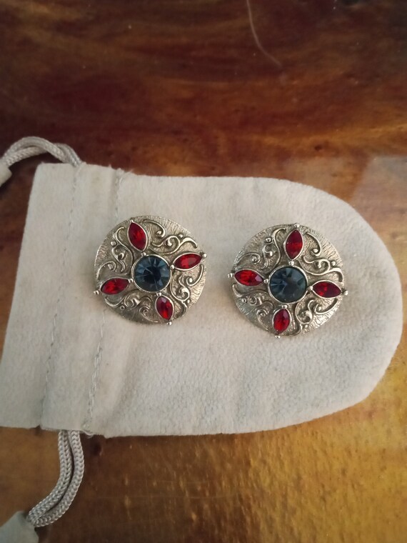 Vintage 1980s Round Pewter Earrings with Red and … - image 3