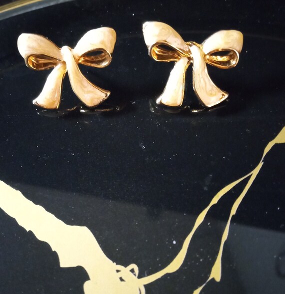 Gold Tone Bow Earrings with an Opalescent Enamel - image 5