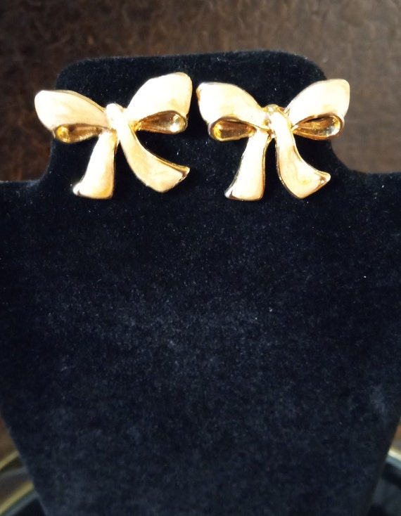 Gold Tone Bow Earrings with an Opalescent Enamel - image 2