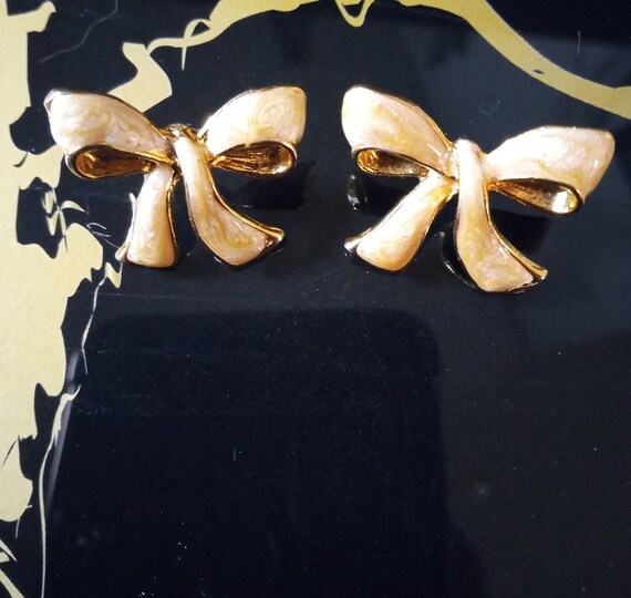 Gold Tone Bow Earrings with an Opalescent Enamel - image 4