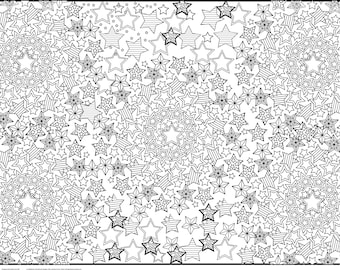 May include: A black and white illustration of a swirling pattern of stars. The stars are of different sizes and shapes, and some have stripes or other details.