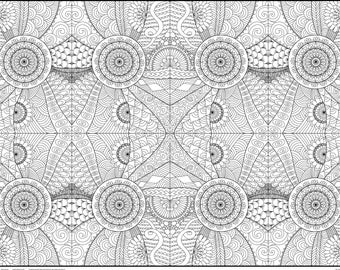 May include: A black and white intricate mandala design with repeating patterns and swirls. The design is symmetrical and has a circular shape.