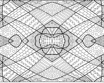 May include: A black and white intricate pattern with a symmetrical design. The pattern is made up of various shapes, lines, and swirls. The pattern is repeated throughout the image.