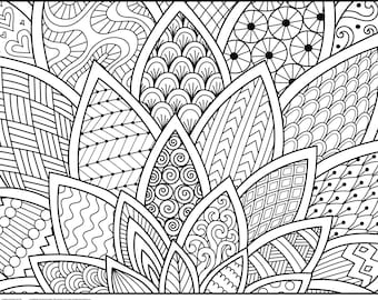 May include: A black and white intricate coloring page featuring a design of overlapping leaves with various patterns, including geometric shapes, swirls, and dots.