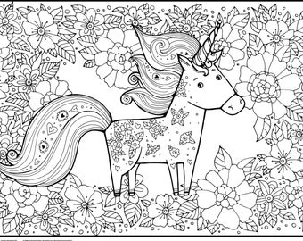 Poster géant à colorier de licorne | Art floral Zendoodle (roulé)