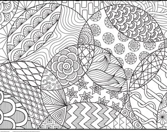 May include: Black and white intricate line art design with geometric shapes, swirls, and floral patterns. The design is divided into sections with different patterns in each section.