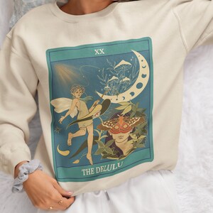 Sudadera Delulu, suéter con cartas del tarot, suéter celestial para mujer, regalo de cumpleaños para ella, suéter divertido con cartas del tarot, top de astrología mística