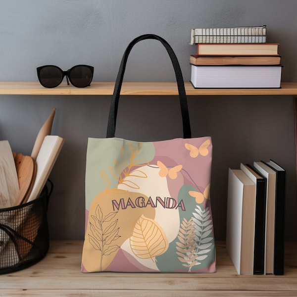 Maganda Flower All Over Print Tote Bag, Cute Filipino Gift for Her, Durable Proud Philippines Tagalog Phrase, Beautiful Floral Tote