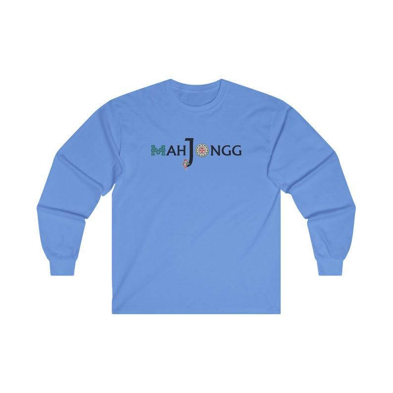 May include: A light blue long-sleeved t-shirt with the text "MAHJONGG" printed in black, green, and red.