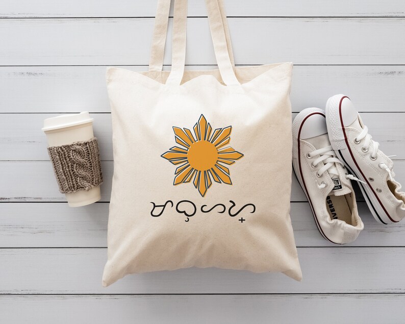Mabuhay Baybayin Writing Filipino Sun Canvas Tote Bag, Proud Filipino