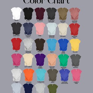 May include: Color chart showing 24 different t-shirt colors. The colors are arranged in rows and columns, with the names of each color listed below the corresponding t-shirt.