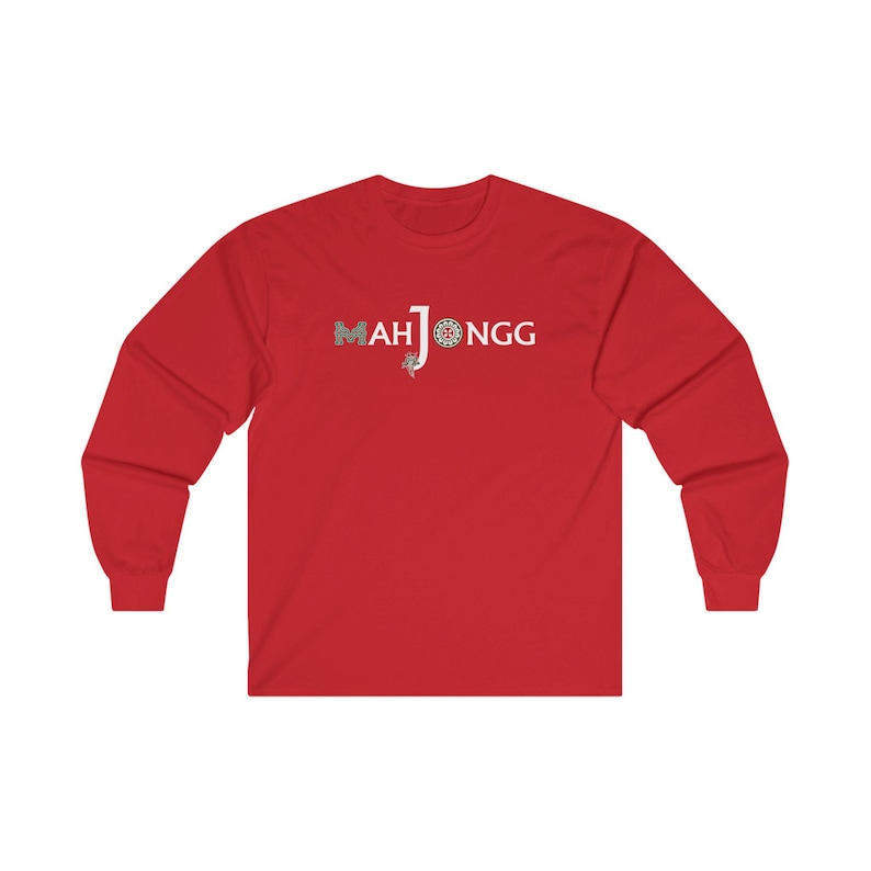 May include: Red long-sleeved t-shirt with white text that reads "MAH JONGG".