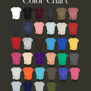 May include: Color chart showing 24 different t-shirt colors. The colors are arranged in rows and columns. The colors include white, black, maroon, dark grey, heather olive, heather mauve, heather navy, pink, heather ice blue, natural, heather red, red, athletic heather, brown, aqua, true royal, yellow, berry, soft cream, team purple, heather peach, heather kelly, asphalt, ash, orange, turquoise, army, heather true royal, charity pink, light blue, navy, silver, and olive.