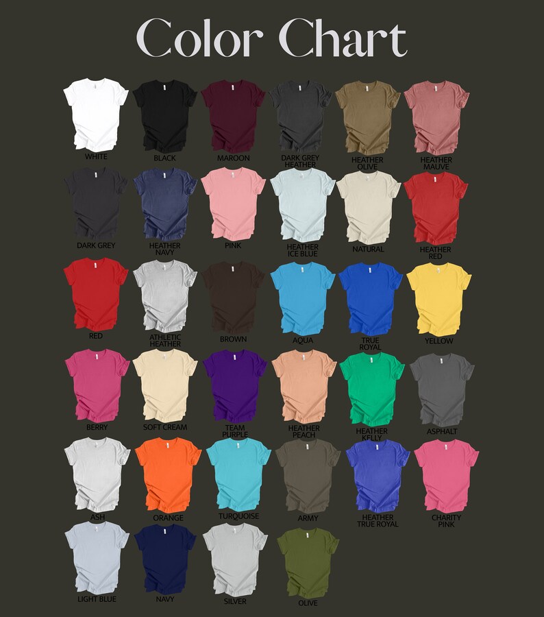 May include: Color chart showing 24 different t-shirt colors. The colors are arranged in rows and columns. The colors include white, black, maroon, dark grey, heather olive, heather mauve, heather navy, pink, heather ice blue, natural, heather red, red, athletic heather, brown, aqua, true royal, yellow, berry, soft cream, team purple, heather peach, heather kelly, asphalt, ash, orange, turquoise, army, heather true royal, charity pink, light blue, navy, silver, and olive.