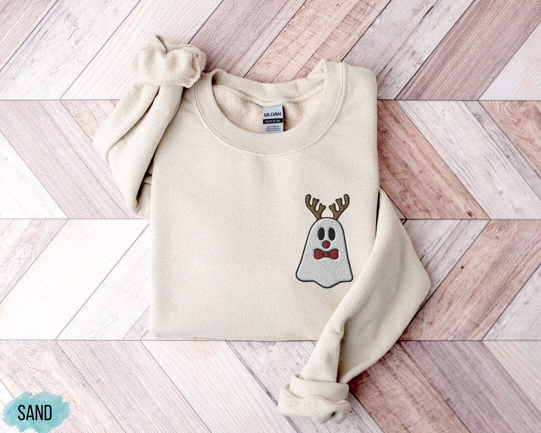 Embroidered Ghost Rudolph Christmas Sweatshirt, Retro Pocket Design ...