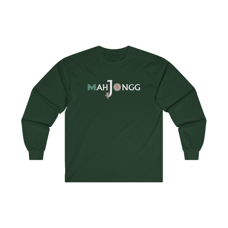 May include: A dark green long-sleeved t-shirt with the text "MAH JONGG" in white letters with a green and white design.