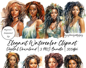 Black Woman Clipart, Black Girl Clipart, Black Girl Magic PNG, Glam Clipart, Fashion Girl Clipart, Watercolor, Dreadlock Girl Clipart