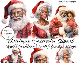 Clipart de Santa afroamericano, imágenes prediseñadas de Santa negro, imágenes prediseñadas de Navidad afroamericana, PNG de Santa Claus negro, PNG de señora Claus negra, vacaciones