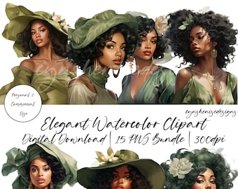 Black Woman Clipart, Black Girl Clipart, Black Girl Magic PNG, Glam Clipart, Fashion Girl Clipart, Watercolor, Afro Girl Clipart