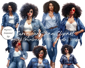 May include: Digital clipart set of seven images featuring women with afro hairstyles wearing denim jackets and jeans. The women are posed in various stances, some with hands in pockets, others with arms crossed, and one holding a red purse. The images are set against a white background.