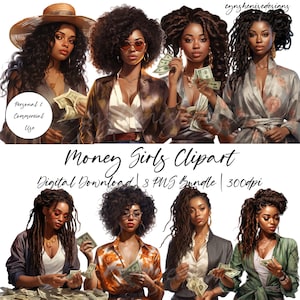 Zwart meisje clipart, zwart meisje magische PNG, zwart meisje stickers, zwart meisje geld clipart, zwarte vrouw PNG, Afro meisje, loc clipart, eigenliefde