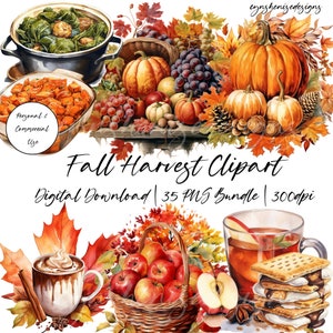 Automne récolte 35 PNG Clipart, automne, citrouilles, feuilles, Thanksgiving Clipart aquarelle, bricolage cartes de voeux, usage Commercial, téléchargement numérique