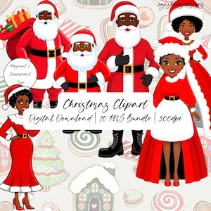 African American Santa Claus and Mrs Claus PNG Clipart, Black Christmas Holiday Clipart, Black Girl Clipart, Winter, For Planner, Journal