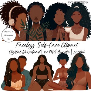 K&ouml;nnte beinhalten: Ein digitaler Clipart-Satz mit 27 gesichtslosen Illustrationen von schwarzen Frauen in verschiedenen Posen der Selbstpflege. Die Illustrationen sind im minimalistischen Stil gehalten, mit braunen Hautt&ouml;nen und dunklen Haaren. Der Text "Faceless Self-Care Clipart" ist im Bild enthalten.