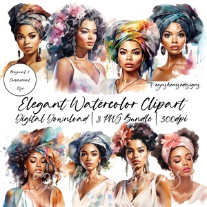 Black Woman Clipart, Black Girl Clipart, Black Girl Magic PNG, Glam Clipart, Fashion Girl Clipart, Watercolor, Afro Girl Clipart