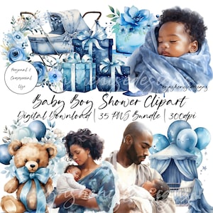 Clipart per baby shower afro-americano, clip art digitale per pacchetto neonato nero, file PNG trasparente per la scuola materna neonatale, rivelazione di genere