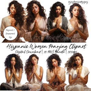 May include: A digital clipart set of ten images featuring Hispanic women praying. The women are depicted with long, dark hair and are wearing simple, flowing robes. They are all praying with their hands clasped together in front of their chests. The images are in a high-resolution format and are perfect for use in digital projects.