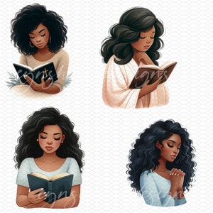 Puede incluir: Cuatro ilustraciones digitales de mujeres con cabello oscuro y rizado. Cada mujer est&aacute; representada leyendo un libro o rezando. Las ilustraciones son de estilo de dibujos animados y tienen una paleta de colores suave y pastel.