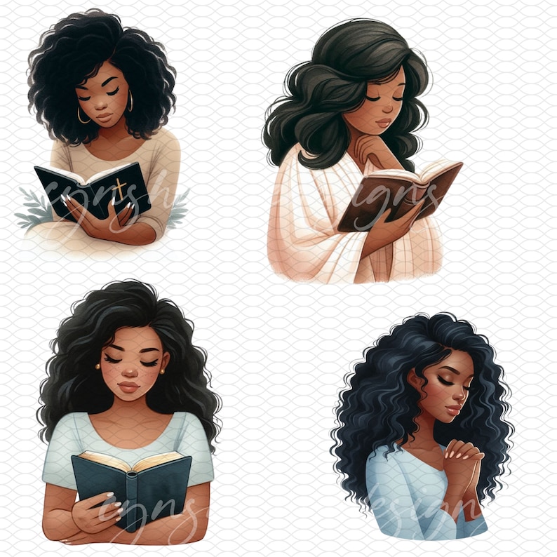 Puede incluir: Cuatro ilustraciones digitales de mujeres con cabello oscuro y rizado. Cada mujer est&aacute; representada leyendo un libro o rezando. Las ilustraciones son de estilo de dibujos animados y tienen una paleta de colores suave y pastel.