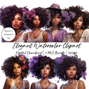 Black Woman Clipart, Black Girl Clipart, Black Girl Magic PNG, Glam Clipart, Fashion Girl Clipart, Watercolor, Afro Girl Clipart