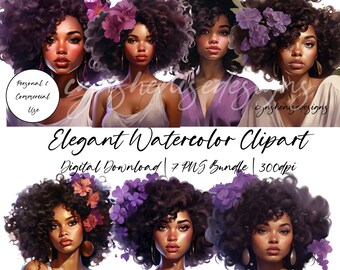 Black Woman Clipart, Black Girl Clipart, Black Girl Magic PNG, Glam Clipart, Fashion Girl Clipart, Watercolor, Afro Girl Clipart