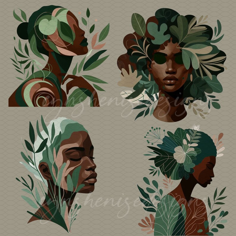 May include: Four digital illustrations of women with green foliage surrounding their faces. The women have brown skin and are depicted in profile. The background is a light gray.