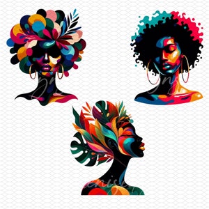 May include: Three digital illustrations of women with colorful abstract hair and skin. The first woman has a colorful floral design in her hair. The second woman has a blue and green afro. The third woman has a colorful floral design in her hair and is looking to the right.