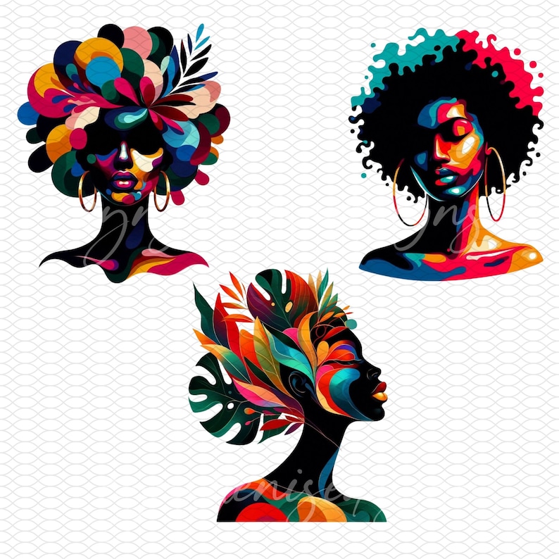May include: Three digital illustrations of women with colorful abstract hair and skin. The first woman has a colorful floral design in her hair. The second woman has a blue and green afro. The third woman has a colorful floral design in her hair and is looking to the right.