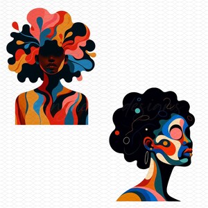 May include: Two abstract digital art illustrations of women with colorful, swirling patterns on their faces and bodies. The woman on the left has a dark blue and red background, while the woman on the right has a black background.