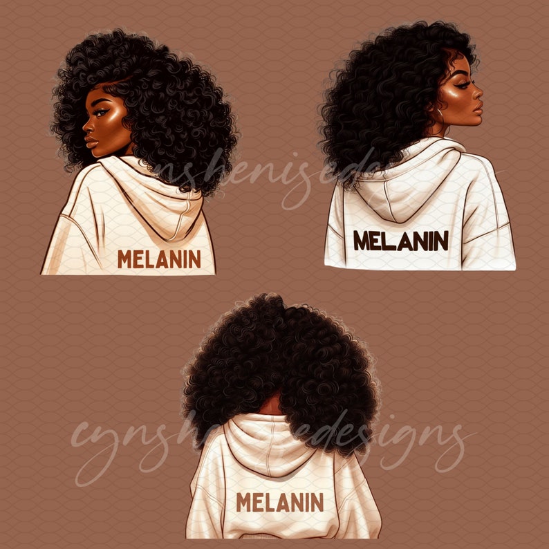 May include: Three illustrations of a woman with curly black hair wearing a white hoodie with the word "MELANIN" printed on the back.