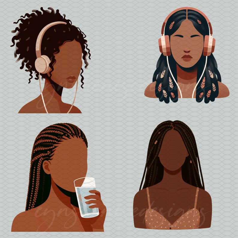 K&ouml;nnte beinhalten: Vier digitale Illustrationen von Frauen mit verschiedenen Frisuren und Accessoires. Die Frauen tragen Kopfh&ouml;rer, einen Strohhut und ein Glas Wasser. Die Illustrationen sind im Cartoon-Stil gehalten und haben einen hellgrauen Hintergrund.