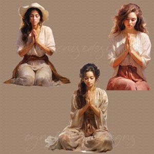 May include: Three women are kneeling and sitting with their hands clasped in prayer. The women are wearing white and brown clothing. The background is a light brown color.