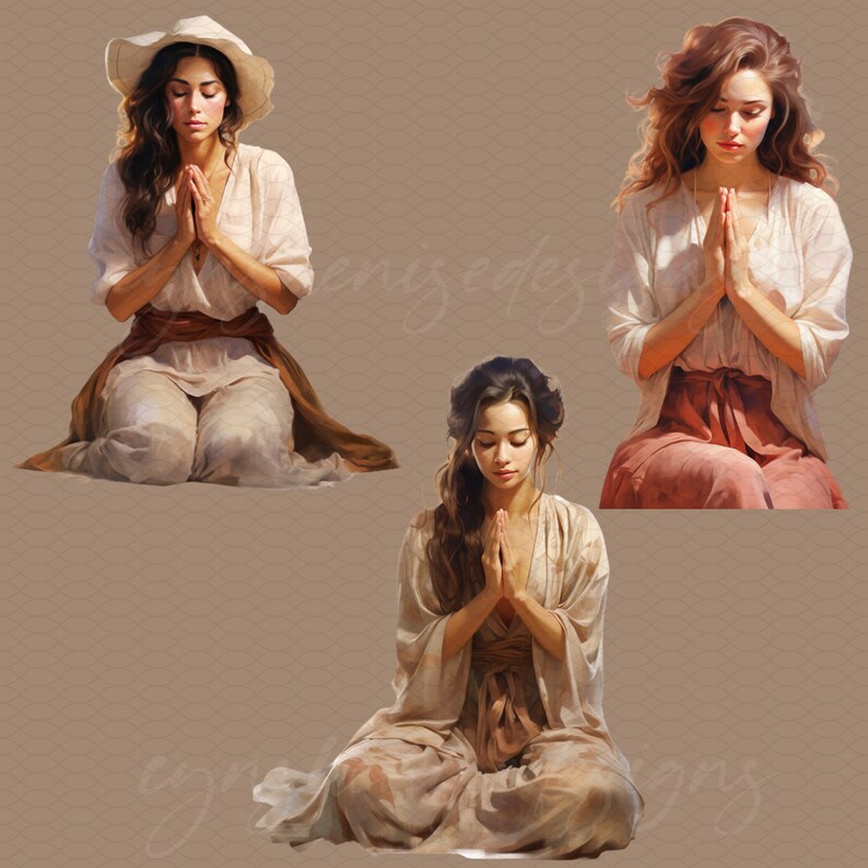 May include: Three women are kneeling and sitting with their hands clasped in prayer. The women are wearing white and brown clothing. The background is a light brown color.